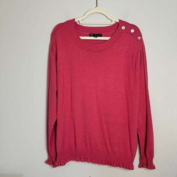 N Touch Crew Neck Sweater Womens Plus Size 1X Pink Button Shoulder Pullover - Picture 1 of 9